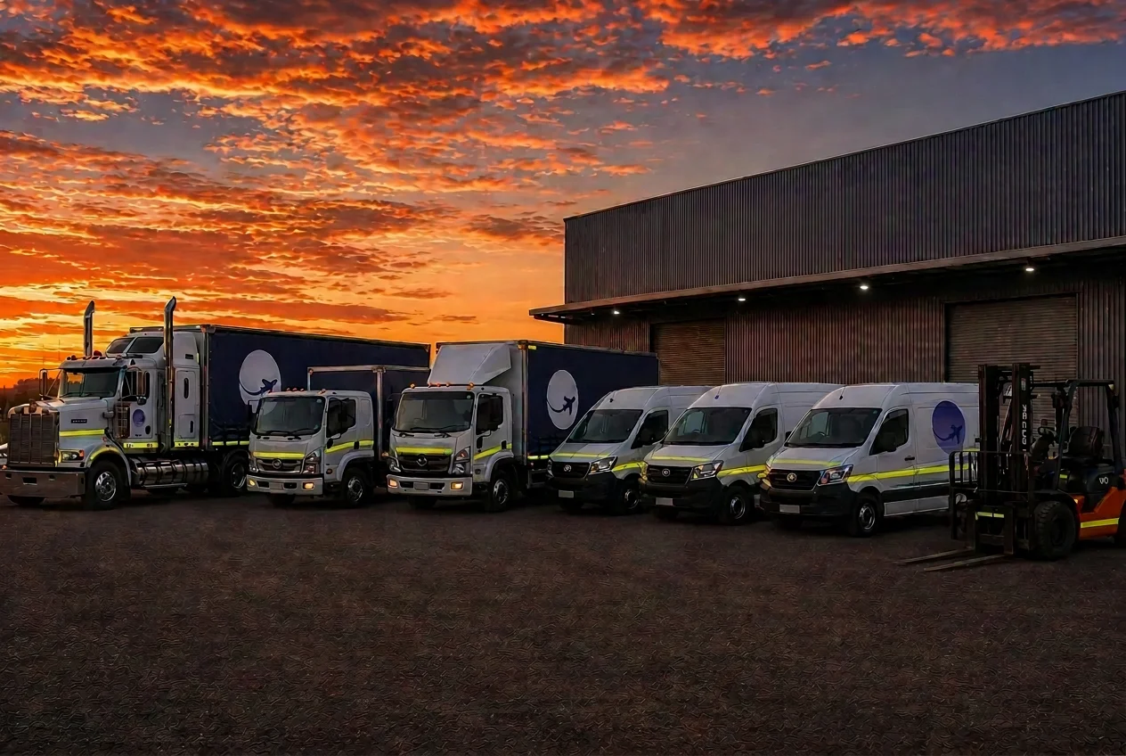 The PHAF fleet of trucks and vans lined up outside the Port Hedland Air & Road Freight depot at sunset